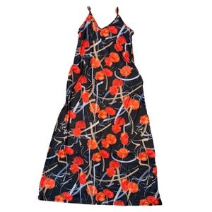 XXL Floral Maxi Dress Black Orange Spaghetti Strap Flowy Vacation POCKETS